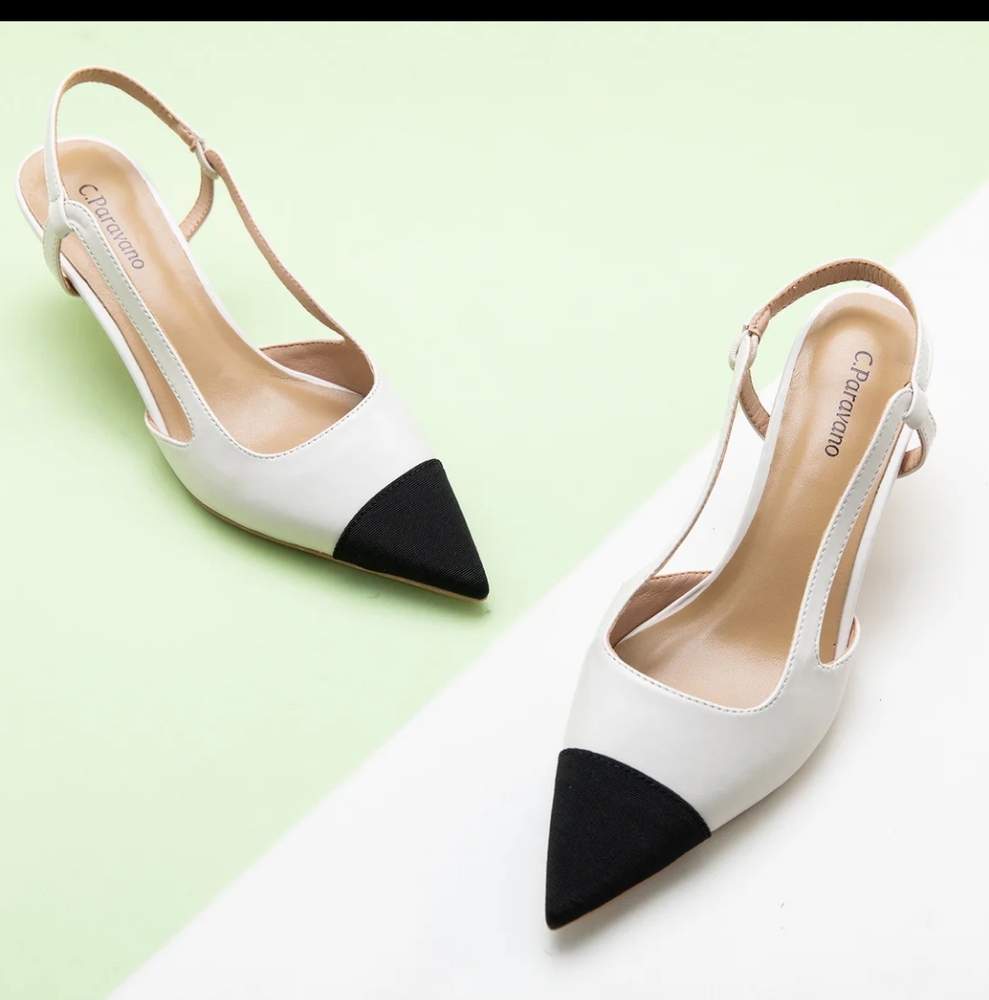 C. Paravano Cap Toe Sling Back Helen Kitten Heel US 7.5, 8.5,9.5Cream Shoes NWOB
